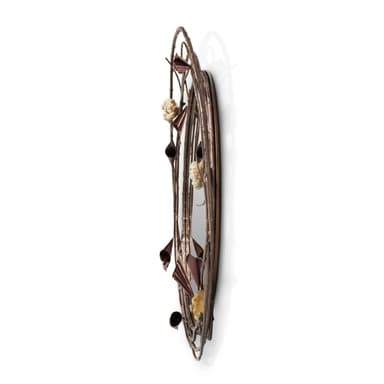 A circular wall mirror featuring an intricate, organic frame crafted from gilt metal, resembling tangled branches and stylized calla lily-like blooms. The finish has an aged, antique brass or bronze appearance. — 3D model