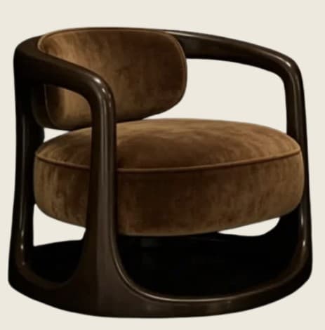 A contemporary barrel-shaped accent chair featuring a glossy dark wood or lacquered frame that seamlessly transitions from armrests to the base. It is upholstered with plush, round brown velvet cushions for the seat and backrest. — 3D model