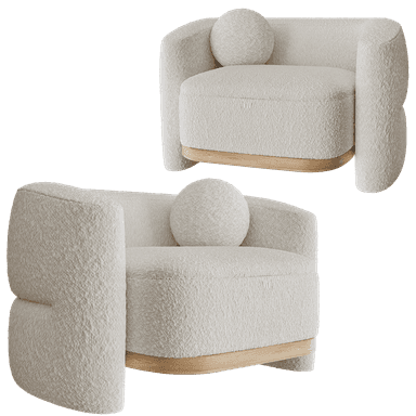 A contemporary club armchair upholstered in a light, textured boucle fabric, featuring a rounded, curvaceous silhouette and a recessed wooden base. It includes a matching circular throw pillow. — 3D model