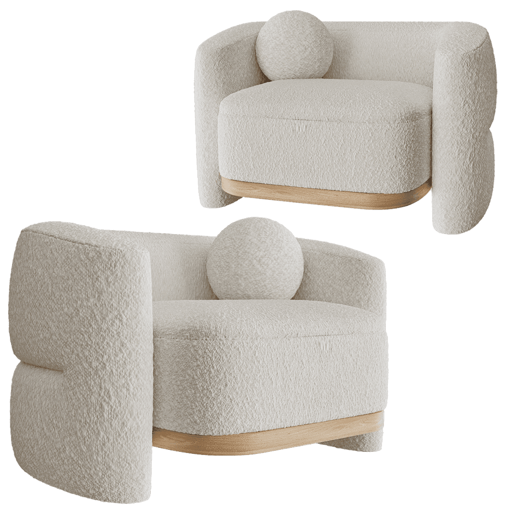 A contemporary club armchair upholstered in a light, textured boucle fabric, featuring a rounded, curvaceous silhouette and a recessed wooden base. It includes a matching circular throw pillow. — 3D model