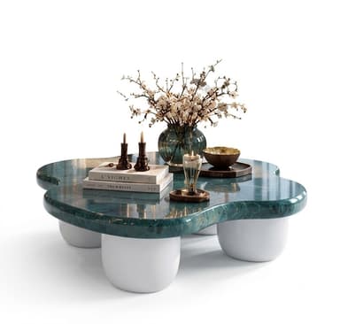 A contemporary coffee table featuring a thick, organically shaped tabletop made of glossy green marble with prominent white veining. The table is supported by four short, stout, and rounded white legs, giving it a low profile and a sculptural appearance. — 3D model