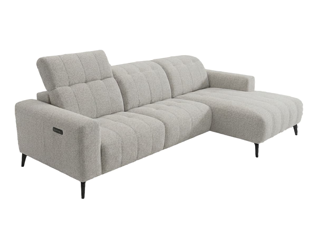 A modern, light gray upholstered sectional sofa featuring a power reclining mechanism and an integrated chaise lounge. The sofa has clean lines, track arms, and black tapered legs. — 3D model