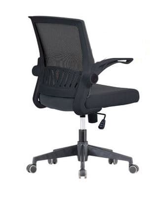 A black office chair with a mesh back and fabric seat. It features adjustable armrests, a pneumatic height adjustment lever, and a five-star base with casters. — 3D model