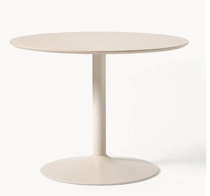 A minimalist round pedestal table in a light beige finish, featuring a circular top, a cylindrical central column, and a wide, flat circular base. — 3D model
