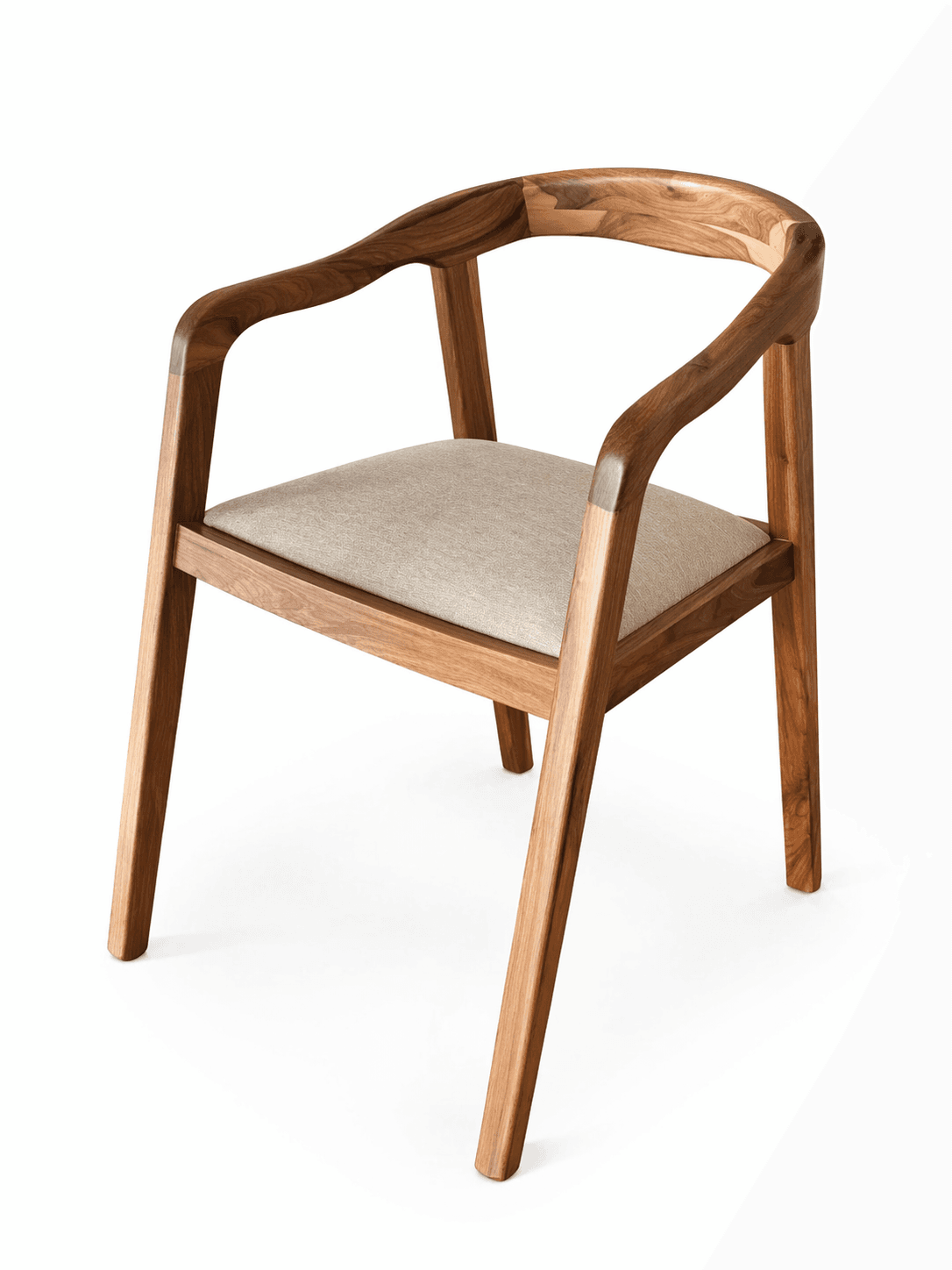 A modern armchair with a solid wood frame, curved backrest and armrests, and a light-colored fabric upholstered seat cushion. — 3D model