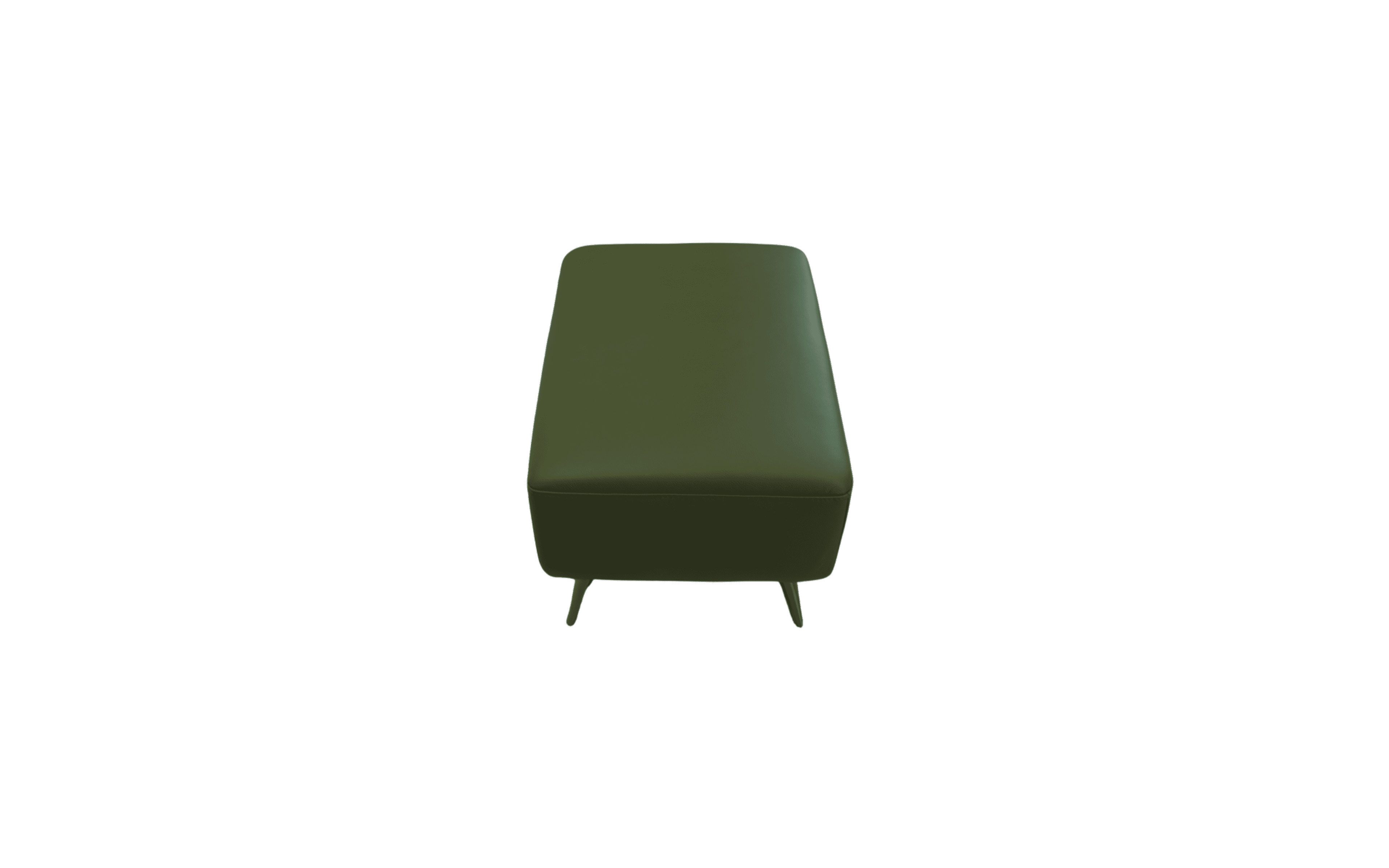 A rectangular upholstered ottoman in a dark olive green color, supported by four short, dark, tapered legs. — 3D model