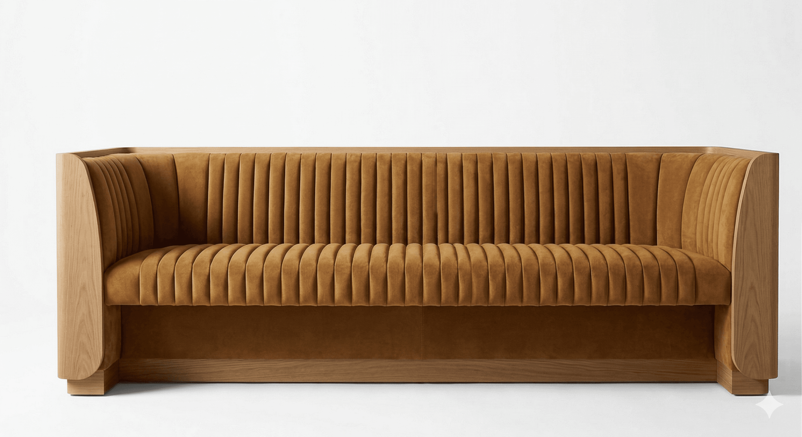A modern sofa with a wooden frame and plush, vertically channel-tufted upholstery. The frame features a clean, minimalist design with curved armrests and a base. The upholstery appears to be a soft, textured fabric in a warm, earthy tone. — 3D model