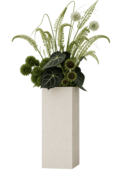 A tall, rectangular light grey concrete or composite planter holding a dense arrangement of mixed artificial greenery, featuring various textures from spiky plumes to spherical clusters and broad leaves. — 3D model