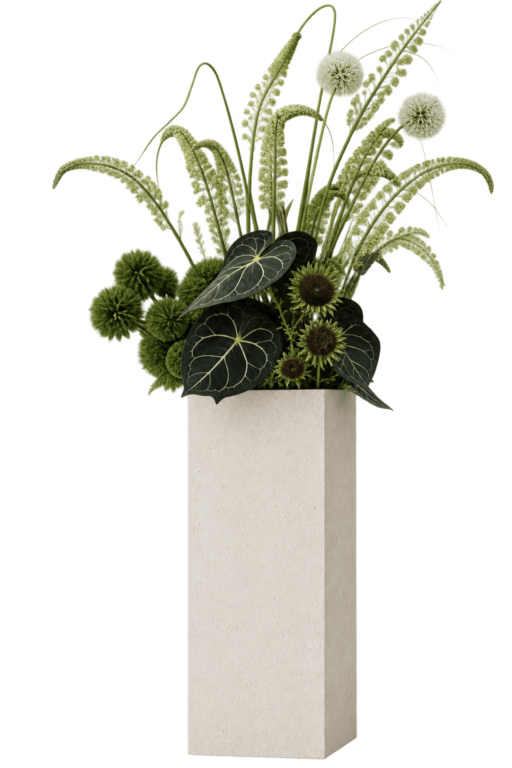 A tall, rectangular light grey concrete or composite planter holding a dense arrangement of mixed artificial greenery, featuring various textures from spiky plumes to spherical clusters and broad leaves. — 3D model
