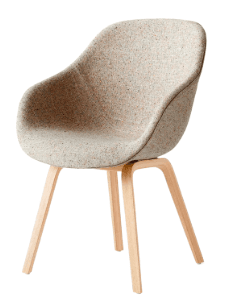 A modern upholstered armchair featuring an organically molded shell seat with integrated armrests, covered in a light, speckled woven fabric. The chair is supported by four splayed wooden legs, typically in a light wood finish, providing a minimalist and stable base. — 3D model
