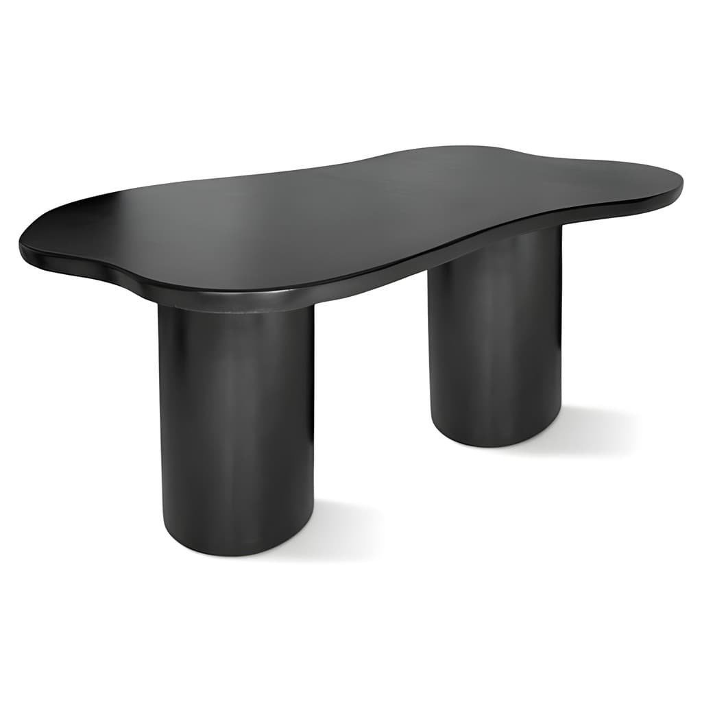 A modern black table featuring an organically shaped, wavy top supported by two thick, cylindrical pedestal bases, all finished in matte black. — 3D model