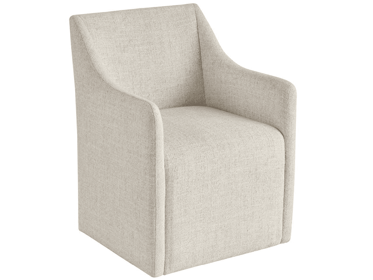 A modern armchair with a clean, boxy silhouette and upholstered arms. The chair features a slightly curved backrest that flows into integrated armrests, providing a continuous, supportive form. The base appears to be a solid, upholstered block, giving it a substantial and stable appearance. The upholstery has a textured, woven appearance. — 3D model
