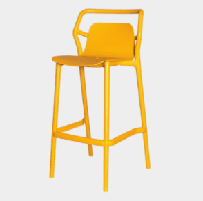 A vibrant yellow, modern bar stool made from molded plastic. It features an integrated seat and a contoured backrest, supported by four sturdy legs that converge slightly towards the base. A footrest bar is integrated into the front legs for user comfort. The design is sleek and minimalist, suitable for contemporary interiors. — 3D model