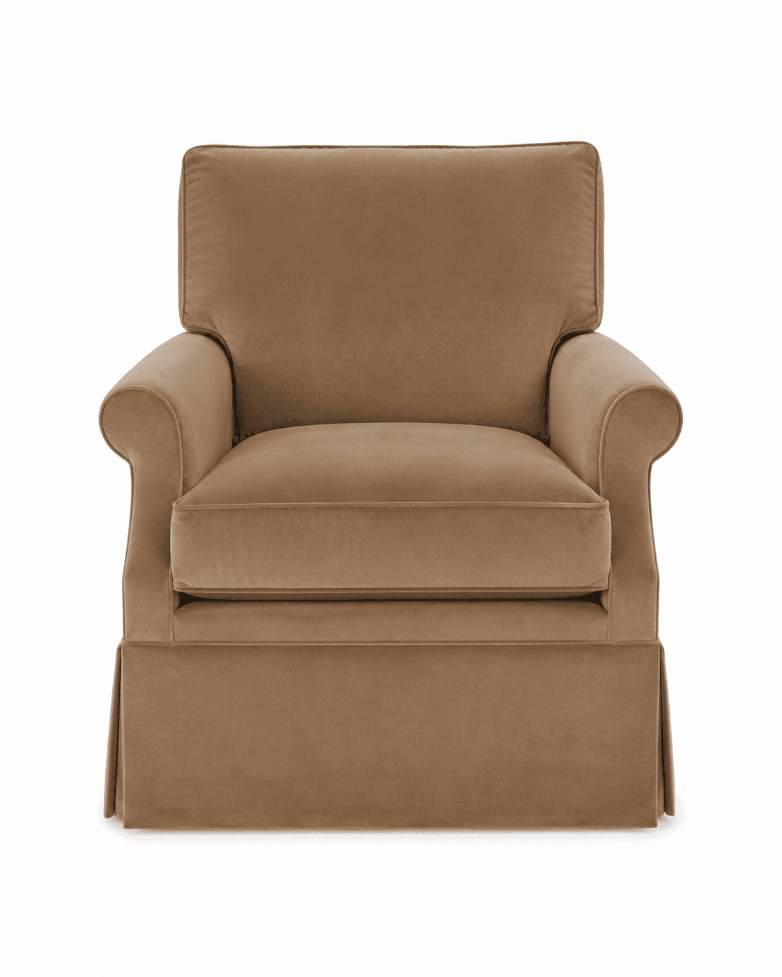 An upholstered armchair featuring rolled arms and a tailored skirted base, presented in a warm, light brown or tan velvet-like fabric. It has a loose seat cushion and a loose back cushion, both with welted edges, contributing to a plush and inviting appearance. The design suggests a classic or traditional aesthetic. — 3D model
