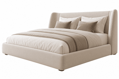 An upholstered platform bed featuring a high, winged headboard, presented in a light beige fabric. — 3D model