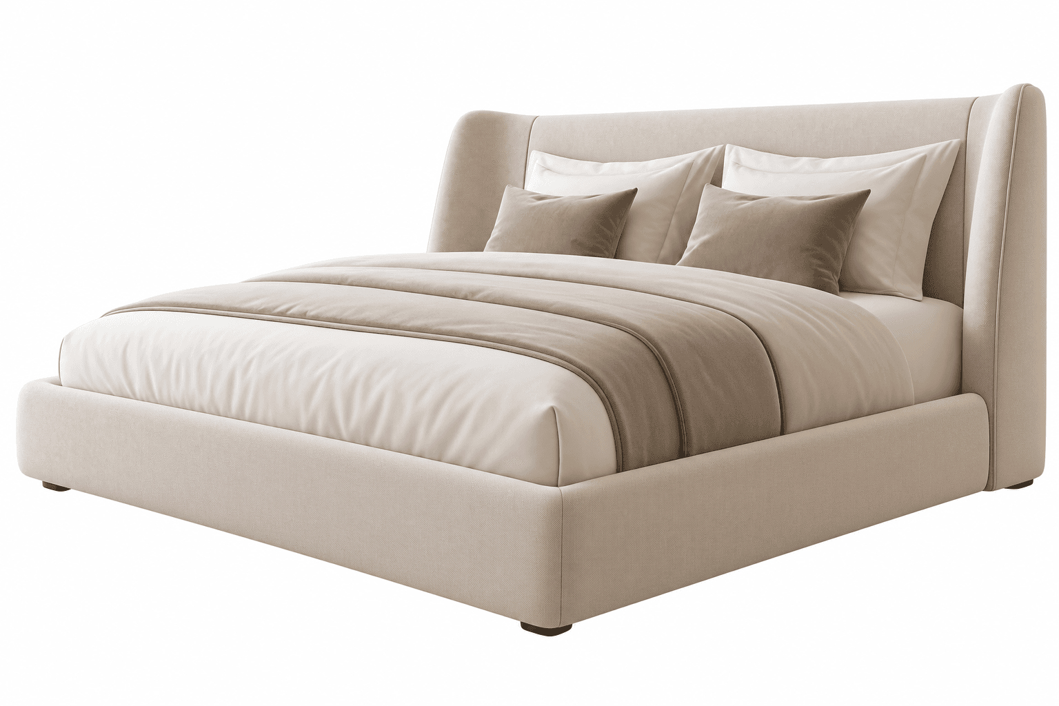 An upholstered platform bed featuring a high, winged headboard, presented in a light beige fabric. — 3D model
