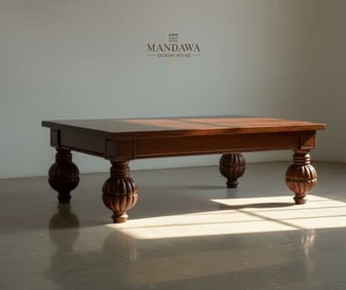 A traditional rectangular coffee table crafted from dark wood, featuring a robust tabletop and four intricately carved, fluted turned legs. — 3D model