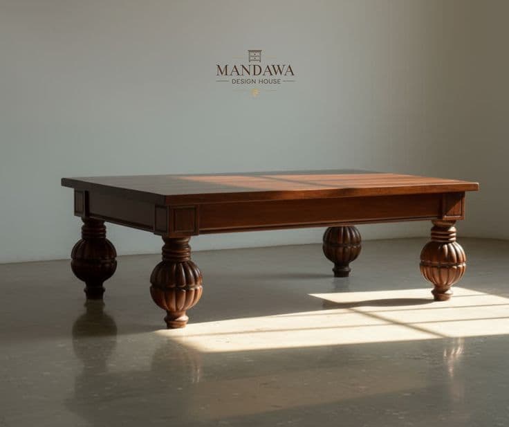 A traditional rectangular coffee table crafted from dark wood, featuring a robust tabletop and four intricately carved, fluted turned legs. — 3D model