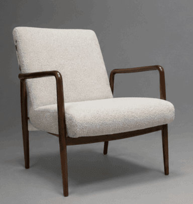 An upholstered lounge chair featuring a dark stained wooden frame and cream-colored boucle fabric. It has open, rounded armrests and tapered legs, embodying a Mid-Century Modern aesthetic. — 3D model
