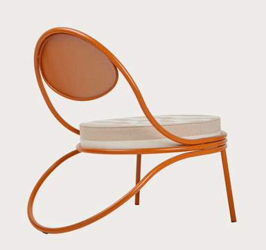 An orange metal accent chair with a rounded backrest and a circular seat cushion. The frame is constructed from tubular metal, with the backrest featuring a mesh-like insert. The seat cushion has a striped fabric pattern in beige and white. — 3D model