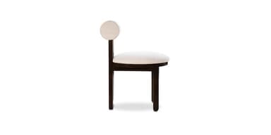 A wooden chair with an upholstered seat and backrest. The chair features a solid wood frame with a rectangular central support that has two cut-out rectangular openings. The seat is round and upholstered in a light-colored fabric. The backrest is also upholstered and has a horizontal, elongated rectangular shape. — 3D model