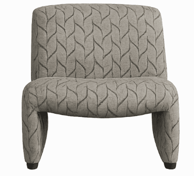 A modern, armless slipper chair upholstered in a grey fabric with a dark grey abstract leaf or vine pattern. The chair features a low-profile seat and back, with the back extending downwards to form two supports. The overall design is sleek and contemporary. — 3D model