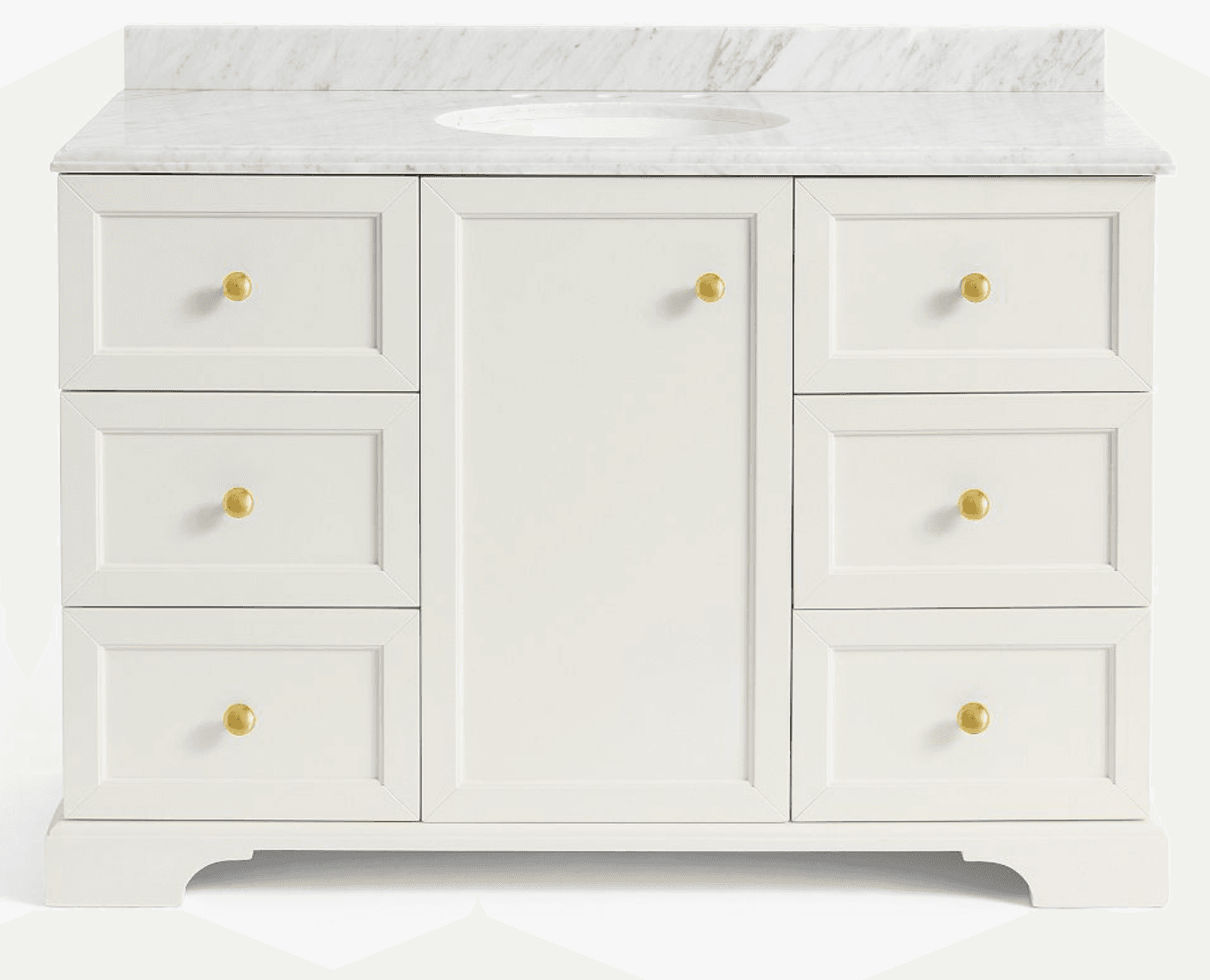 A white painted bathroom vanity featuring a white marble countertop with an integrated oval sink. The vanity cabinet has a central door and six drawers, three on each side, all adorned with small brass knobs. The cabinetry features recessed panel fronts, and the base has a simple decorative cut-out. — 3D model