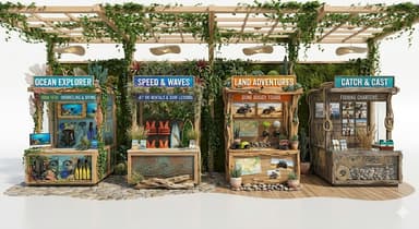 An assembly of four individual, open-air style commercial display kiosks, each featuring a distinct theme related to outdoor adventures. The kiosks are constructed primarily from natural wood with slatted roofs, extensively decorated with lush artificial greenery and moss, creating an organic and naturalistic aesthetic. Each unit includes counters and shelving designed to showcase specific products or services, like diving gear, adventure equipment, or fishing supplies. The kiosks are arranged on a textured ground surface, combining wooden planking and river stones, suggesting an outdoor or semi-outdoor setting. — 3D model
