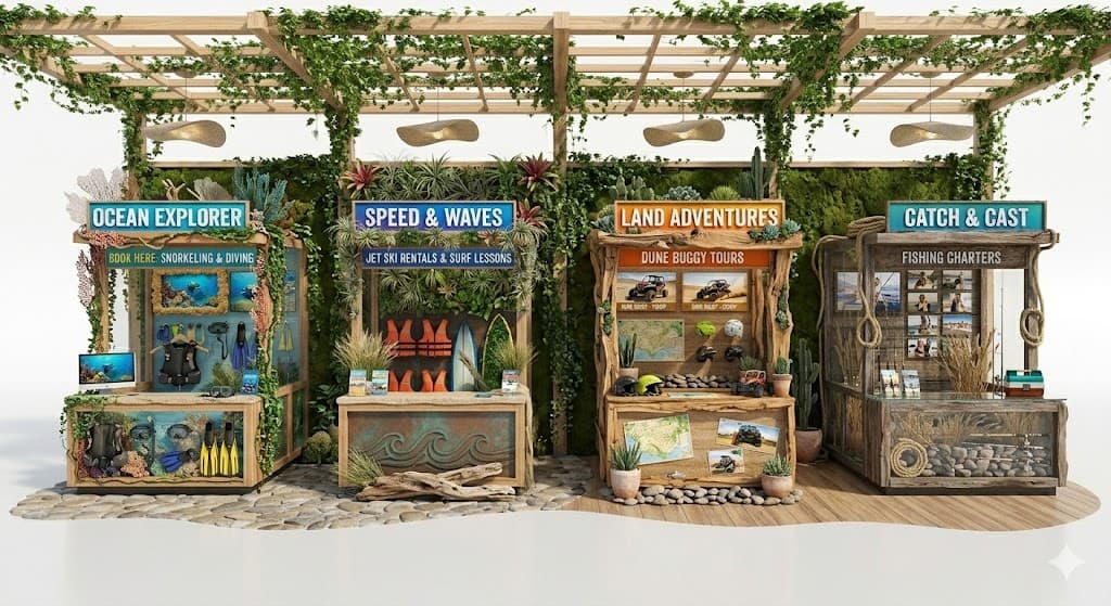 An assembly of four individual, open-air style commercial display kiosks, each featuring a distinct theme related to outdoor adventures. The kiosks are constructed primarily from natural wood with slatted roofs, extensively decorated with lush artificial greenery and moss, creating an organic and naturalistic aesthetic. Each unit includes counters and shelving designed to showcase specific products or services, like diving gear, adventure equipment, or fishing supplies. The kiosks are arranged on a textured ground surface, combining wooden planking and river stones, suggesting an outdoor or semi-outdoor setting. — 3D model