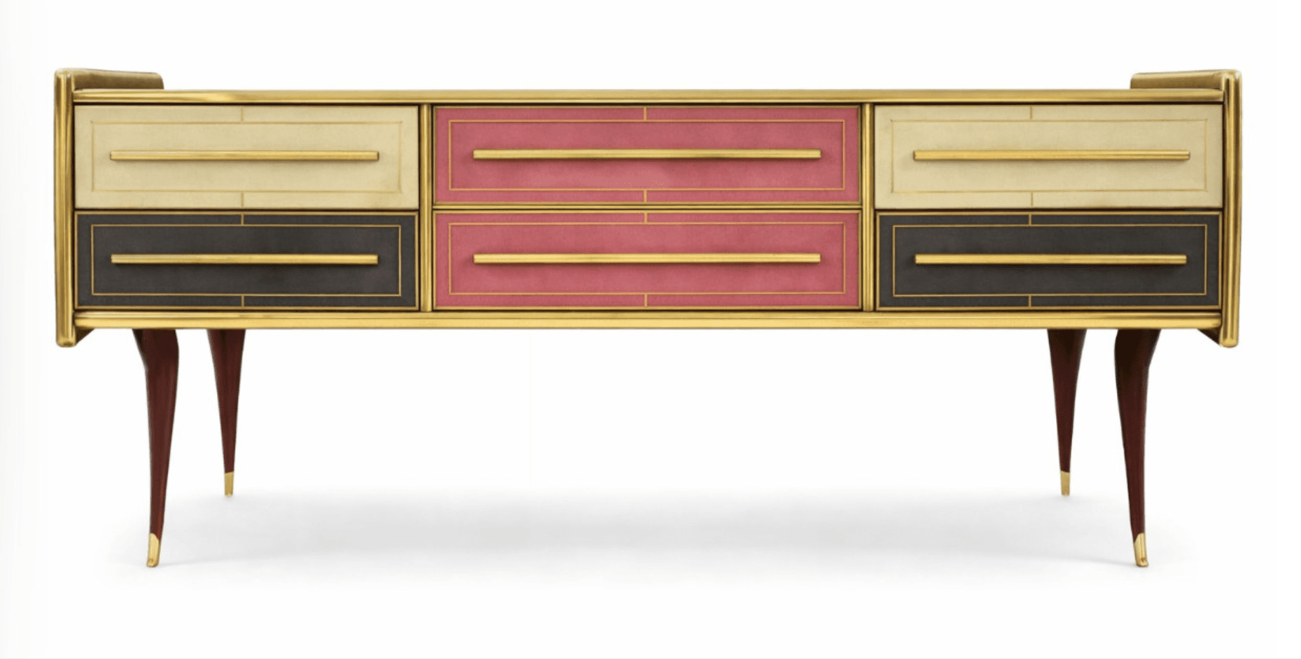 A long, low dresser with a minimalist design. It features six drawers arranged in two rows of three. The top row has two cream-colored drawers on the left and right, flanking a pink drawer in the center. The bottom row mirrors this arrangement with dark gray drawers on the left and right, and a pink drawer in the center. All drawers have thin, horizontal gold-toned handles. The dresser is supported by four slender, tapered legs that angle outwards. The frame and trim appear to be made of polished metal, likely brass or a similar alloy, with a golden finish. — 3D model