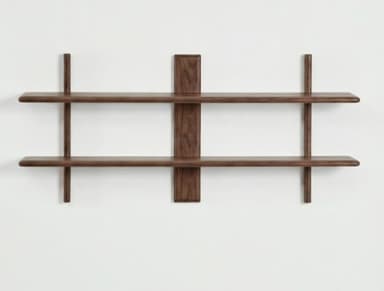 A wall-mounted bookshelf with two tiers of shelving. The unit features a central vertical support and two side vertical supports, with each shelf attached by visible screws. The overall design is minimalist and modern. — 3D model