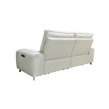 A modern two-seater upholstered loveseat featuring a power reclining mechanism. The loveseat is finished in a light, possibly off-white, leather or faux leather. It has adjustable headrests, a segmented back design, and sleek black tapered legs. A control panel for the reclining function is visible on the armrest. — 3D model