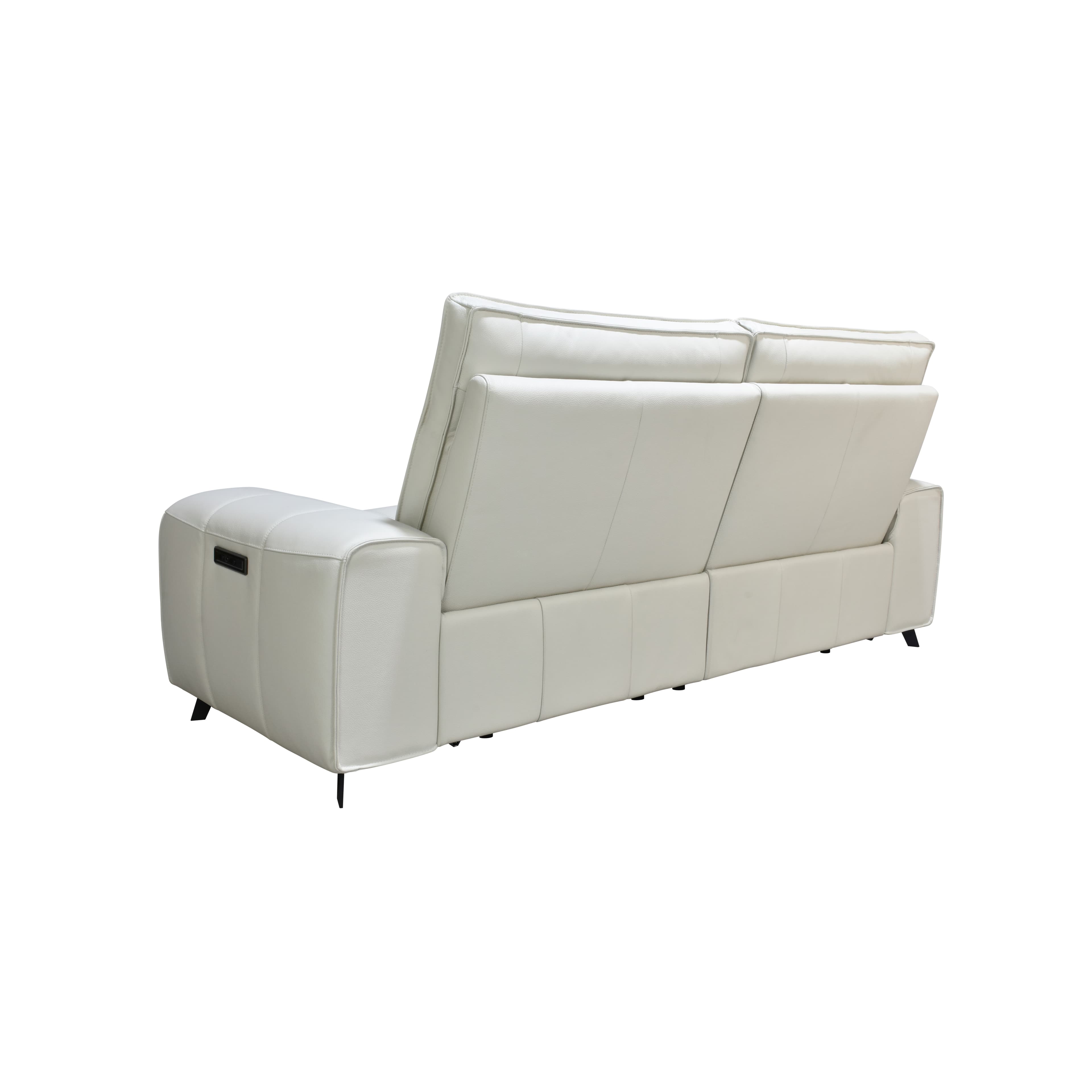 A modern two-seater upholstered loveseat featuring a power reclining mechanism. The loveseat is finished in a light, possibly off-white, leather or faux leather. It has adjustable headrests, a segmented back design, and sleek black tapered legs. A control panel for the reclining function is visible on the armrest. — 3D model