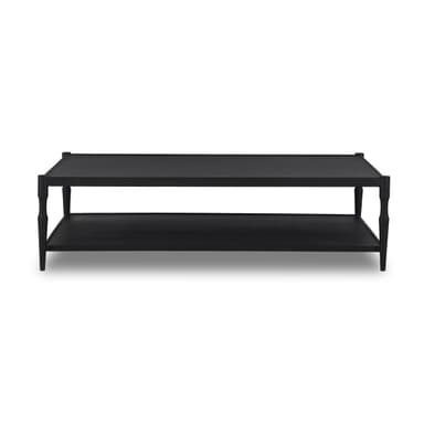A rectangular coffee table with two tiers. The table features a minimalist design with clean lines and a matte black finish. The legs have a slightly tapered and turned profile, and the overall structure appears to be made of a solid material. — 3D model