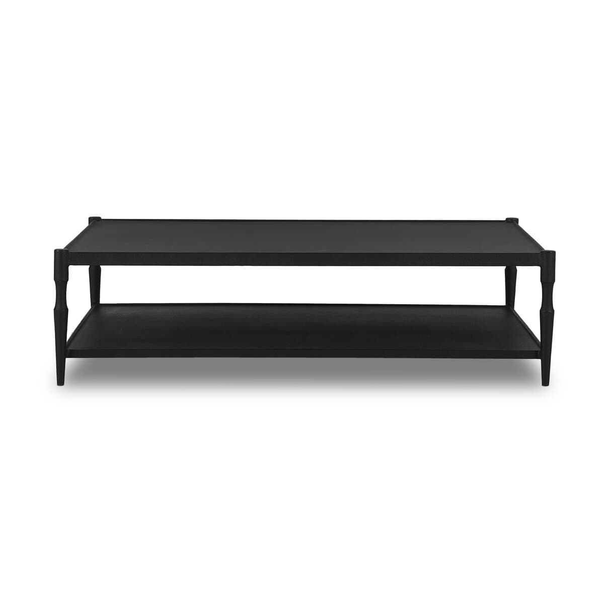 A rectangular coffee table with two tiers. The table features a minimalist design with clean lines and a matte black finish. The legs have a slightly tapered and turned profile, and the overall structure appears to be made of a solid material. — 3D model