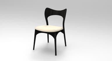 A modern dining chair featuring a dark-stained sculpted wooden frame and a light-colored upholstered seat. — 3D model