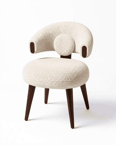 A compact, upholstered accent chair featuring a circular seat, a curved backrest, and four tapered wooden legs. The chair is covered in a cream-colored boucle fabric and includes a prominent circular lumbar cushion integrated into the back. — 3D model