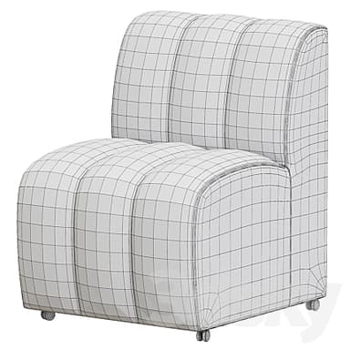 An off-white, armless modular chair upholstered in a textured bouclé fabric. The seat and backrest feature distinctive vertical channel tufting. The chair has a rounded, contemporary profile and is equipped with small casters on its base for mobility. — 3D model