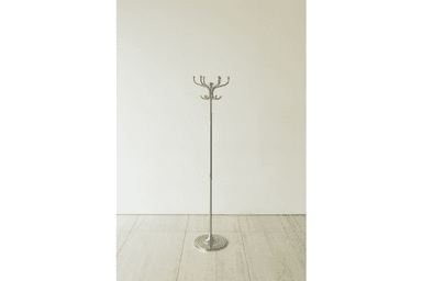 A floor-standing coat rack with a silver metallic finish, featuring a central pole, a round weighted base, and multiple curved hooks arranged in two tiers at the top. — 3D model