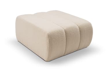 A rectangular ottoman with rounded edges.  The ottoman appears to be upholstered in a thick, plush, off-white or cream-colored fabric with a slightly textured surface, suggesting a bouclé or similar material.  Small, dark-colored feet are visible at the bottom. The overall shape is relatively low and wide. — 3D model