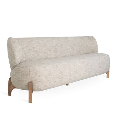 A modern sofa with a curved, organic form. It features a high, rounded back that extends to the sides, and a deep, cushioned seat. The sofa is upholstered in a light-colored, textured fabric and is supported by four simple wooden legs with a natural finish. The design emphasizes comfort and a contemporary aesthetic. — 3D model