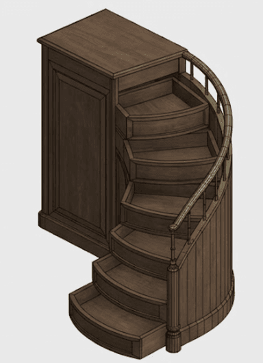 A dark brown wooden staircase unit, likely designed for a library or loft, featuring an integrated storage cabinet on one side. The staircase has several steps, and a gracefully curved handrail with vertical balusters on the open side. The cabinet side is detailed with classic recessed panels, and the entire unit appears to be a custom-built, fixed installation. — 3D model