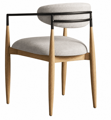 A contemporary armchair featuring a light-toned solid wood frame, light grey fabric upholstery on the seat and rounded backrest, and sleek black metal armrests. — 3D model