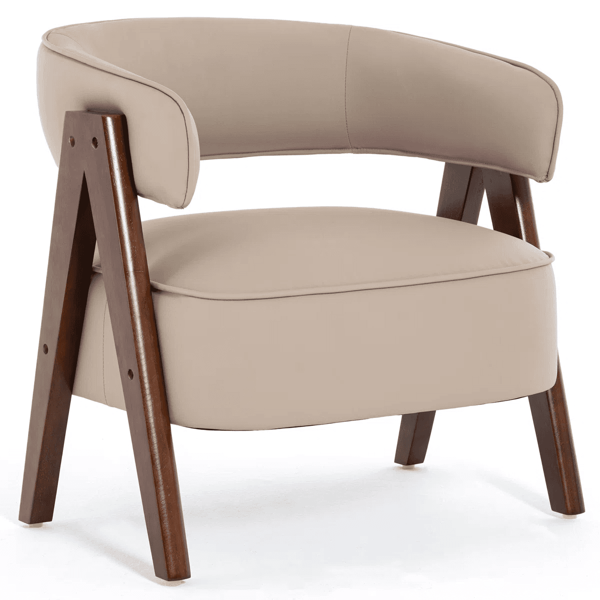 A contemporary upholstered armchair featuring a rounded, integrated backrest and armrests, and a cushioned seat. The upholstery is a light, neutral beige or taupe color, possibly faux leather, with visible stitching. The chair is supported by an exposed dark brown wooden frame, which forms an A-shape on the sides with angled, tapered legs. — 3D model