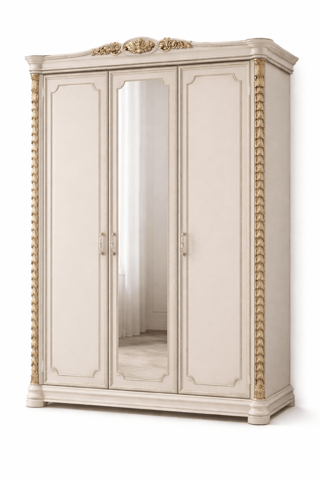 A three-door wardrobe with a central mirrored door. The wardrobe features ornate gold-colored decorative elements along the top edge and vertical sides. The doors have a recessed panel design with thin gold trim. The handles are metallic and appear to be crystal or glass. — 3D model