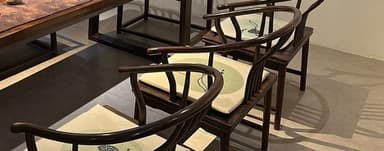 A traditional Chinese horseshoe-back armchair with a dark wood frame and an upholstered seat cushion featuring a subtle graphic design. — 3D model