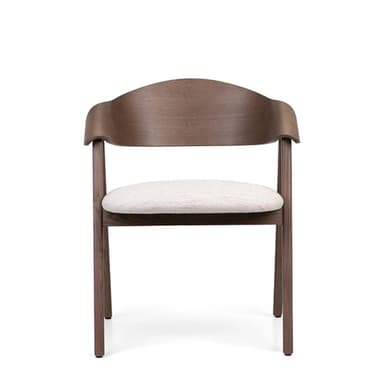 A modern armchair featuring a dark stained wooden frame, a distinctive curved backrest that integrates into armrests, and a light-colored upholstered seat. — 3D model