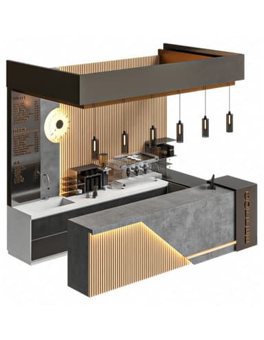 A contemporary modular coffee bar kiosk featuring a dark grey, concrete-effect counter system with integrated wood slat paneling, a functional preparation area with a sink, and space for coffee equipment. The unit includes an overhead canopy with suspended minimalist pendant lights and an integrated menu board. — 3D model