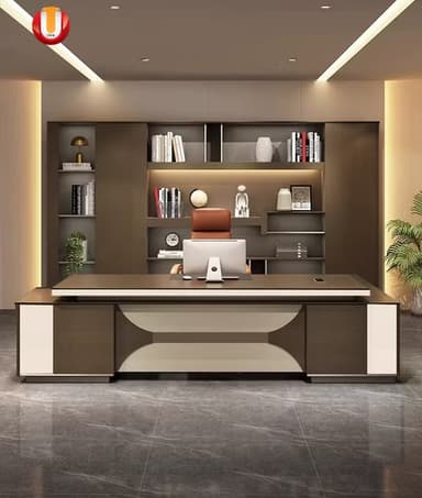 An executive desk featuring a multi-layered design with a prominent floating desktop. The desk is primarily constructed from dark wood-toned materials, possibly laminate or veneer, accented with lighter cream or white panels and a dark grey inlay on the main work surface. The base consists of two robust storage units, each with a contrasting vertical panel, connected by a central panel featuring a sculptural, geometric cut-out design. — 3D model