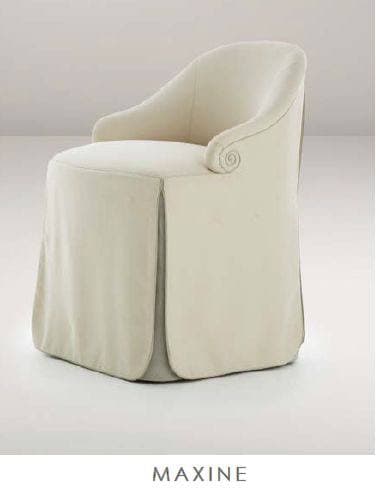 A fully upholstered cream-colored accent chair featuring a waterfall skirt concealing its legs. The chair has a low, curved backrest and integrated scrolled armrests, providing a compact and refined silhouette. — 3D model